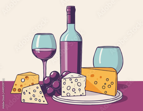 Composition of wine glass, bottle, cheese and grape. Sketch style illustration for poster or invitation to party