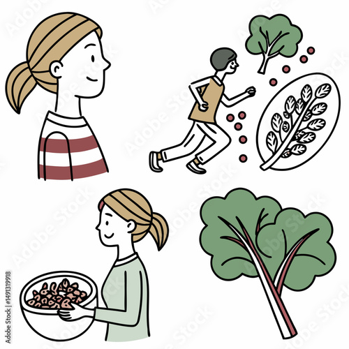 Set of Outline Icons Featuring Superfoods Like Quinoa, Kale, and Chia Seeds for Nutrition App Interfaces.
