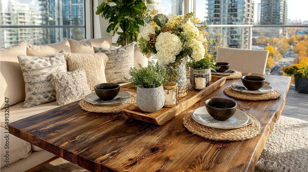 Fototapeta premium Cozy Living Room with Rustic Wooden Table Floral Arrangements and Modern Dcor for Relaxation