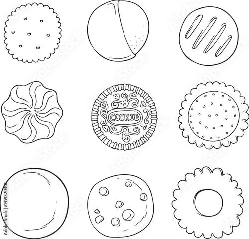 Nine outline illustrations of different round cookies and biscuits with various decorations and textures. Simple vector set for bakery and snack designs.
