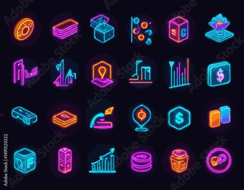 Collection of business and finance 3d neon icons for fintech mobile apps and website design