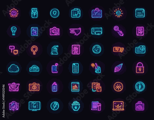 Collection of business and finance 3d neon icons for fintech mobile apps and website design