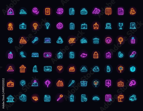 Collection of business and finance 3d neon icons for fintech mobile apps and website design