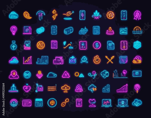 Collection of business and finance 3d neon icons for fintech mobile apps and website design