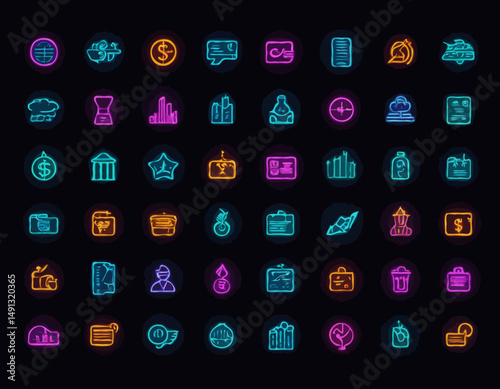 Collection of business and finance 3d neon icons for fintech mobile apps and website design