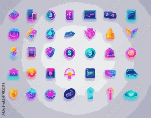Collection of business and finance 3d neon icons for fintech mobile apps and website design