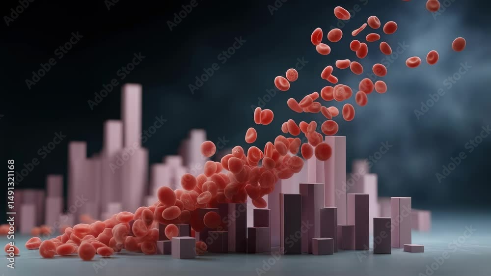 Statistical Overview A comprehensive overview panel illustrating cell counts through animated platelets falling into dark spaces gradually building upward into histogram columns that