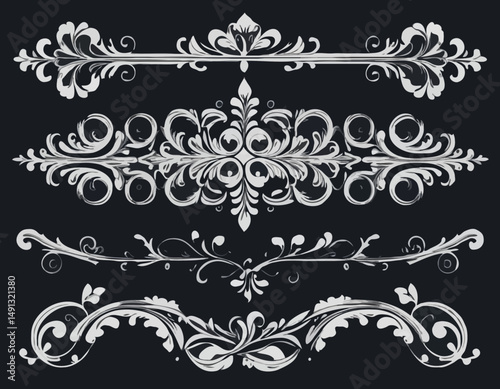 ornamental text divider, elegant border design elements, perfect for web, page decoration, invitations, cards. Vintage style, monochromatic, vector set. Unique, intricate swirls, curls, shapes