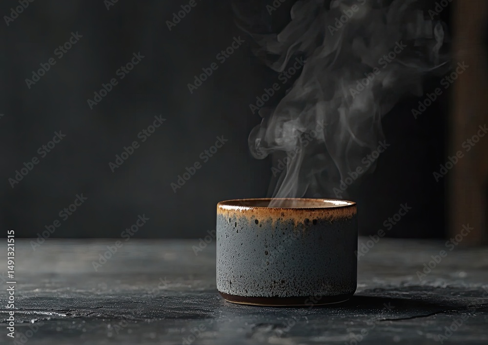 A steaming gray ceramic cup sits on a dark tabletop against a blurred dark background A steaming gray ceramic cup sits on a dark tabletop against a blurred dark background