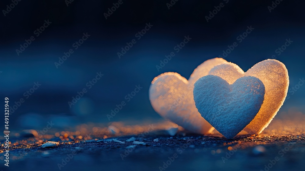 Fototapeta premium Two illuminated heart-shaped objects resting on a dark surface.