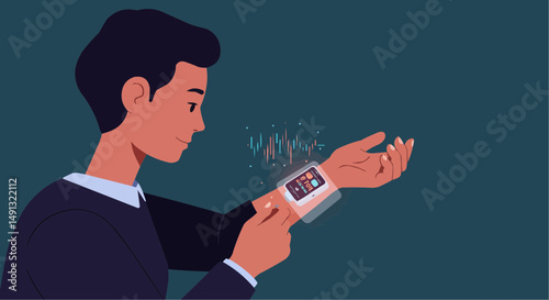 Man interacting with smartwatch displaying data against a teal background  