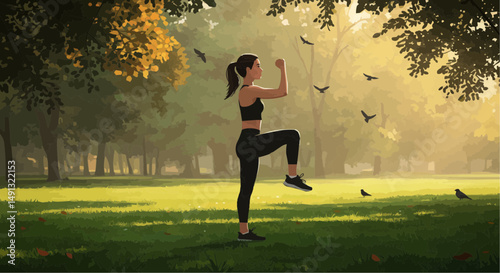 Young woman exercising in a park during the morning sunshine  