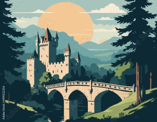 Medieval old gothic castle with a bridge, trees and village in the background. Flat design. Vintage Poster.