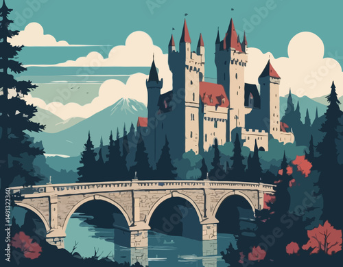 Medieval old gothic castle with a bridge, trees and village in the background. Flat design. Vintage Poster.