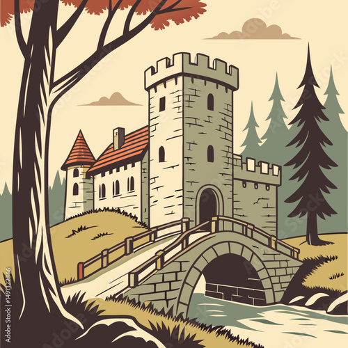 Medieval old gothic castle with a bridge, trees and village in the background. Flat design. Vintage Poster.
