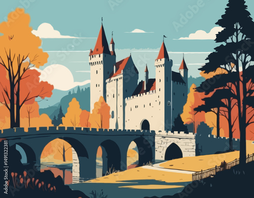 Medieval old gothic castle with a bridge, trees and village in the background. Flat design. Vintage Poster.
