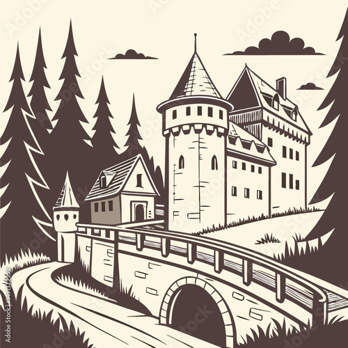 Medieval old gothic castle with a bridge, trees and village in the background. Flat design. Vintage Poster.