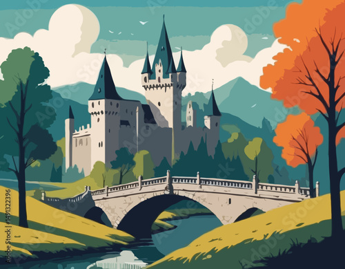 Medieval old gothic castle with a bridge, trees and village in the background. Flat design. Vintage Poster.