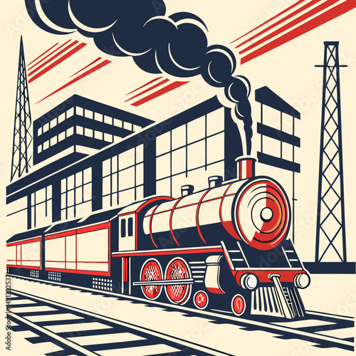 A retro steam locomotive in a smoke clouds moves quickly against the backdrop of industrial buildings, railway workshops and depots. Handmade drawing vector illustration. Art deco style