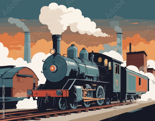 A retro steam locomotive in a smoke clouds moves quickly against the backdrop of industrial buildings, railway workshops and depots. Handmade drawing vector illustration. Art deco style