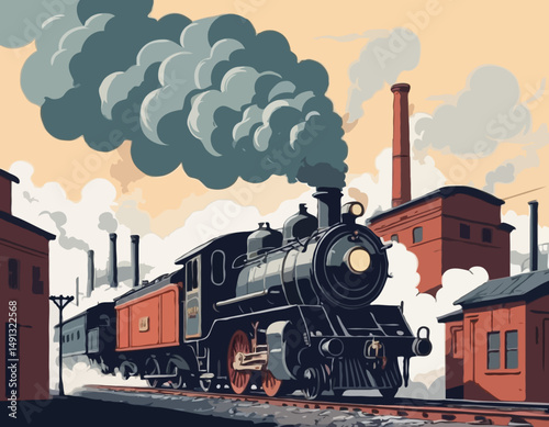 A retro steam locomotive in a smoke clouds moves quickly against the backdrop of industrial buildings, railway workshops and depots. Handmade drawing vector illustration. Art deco style
