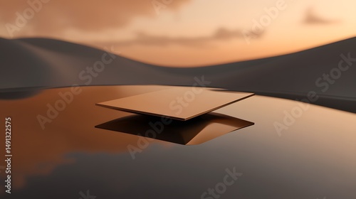 Golden Square on Reflective Surface Sunset Landscape Background Minimalist Product Display Mockup