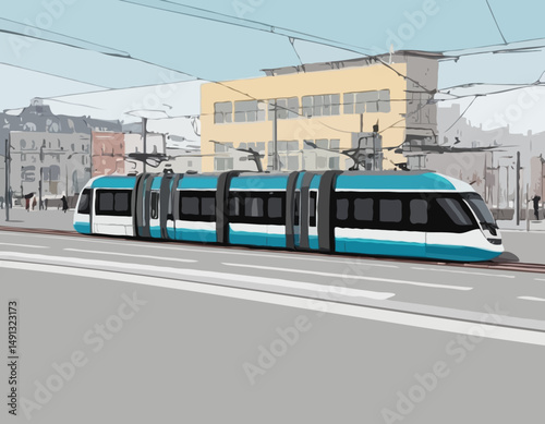 Tramway moderne, station de tramway et bâtiments de la ville isolés sur fond blanc. Concept de transport public