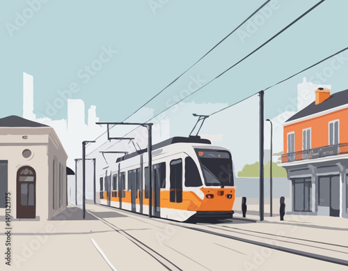 Tramway moderne, station de tramway et bâtiments de la ville isolés sur fond blanc. Concept de transport public