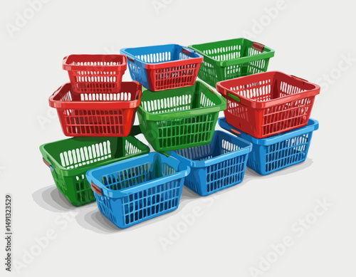 Empty shopping basket set. Realistic 3d shopping cart in different colors, red, blue, green, isolated on white background. Vector illustration