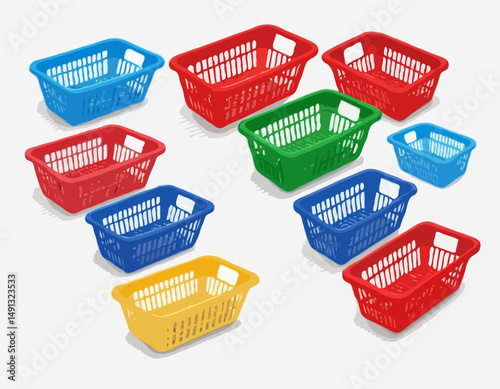 Empty shopping basket set. Realistic 3d shopping cart in different colors, red, blue, green, isolated on white background. Vector illustration