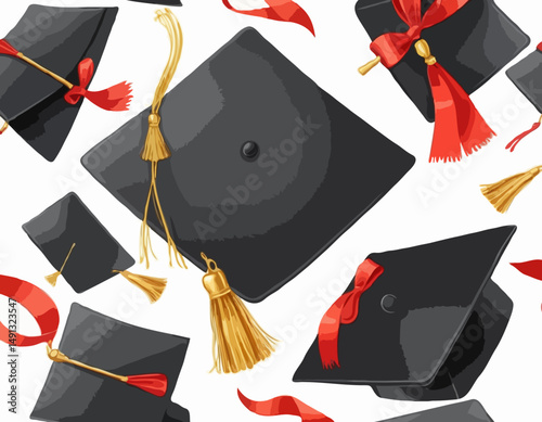 Square academic cap, black graduation hat or mortarboard with golden tassel, for graduates of college, school, university, and rolled diploma with red ribbon. 3d realistic isolated vector illustration