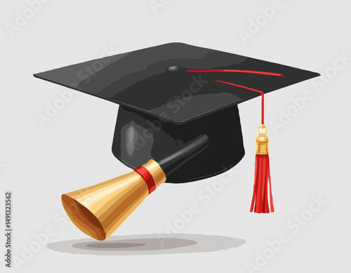 Square academic cap, black graduation hat or mortarboard with golden tassel, for graduates of college, school, university, and rolled diploma with red ribbon. 3d realistic isolated vector illustration