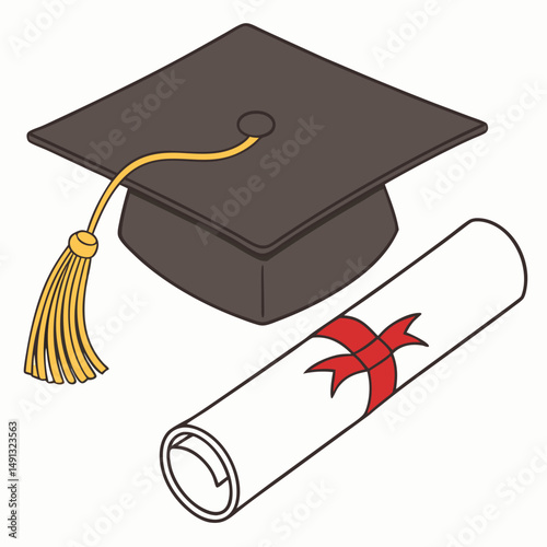 Square academic cap, black graduation hat or mortarboard with golden tassel, for graduates of college, school, university, and rolled diploma with red ribbon. 3d realistic isolated vector illustration