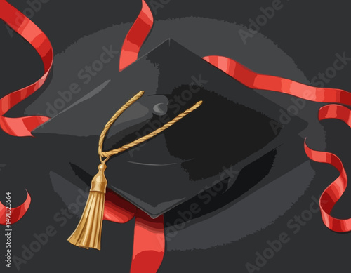 Square academic cap, black graduation hat or mortarboard with golden tassel, for graduates of college, school, university, and rolled diploma with red ribbon. 3d realistic isolated vector illustration