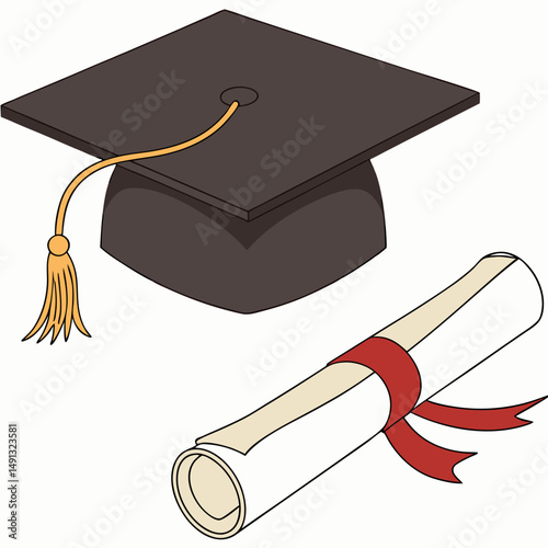 Square academic cap, black graduation hat or mortarboard with golden tassel, for graduates of college, school, university, and rolled diploma with red ribbon. 3d realistic isolated vector illustration