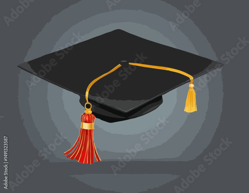 Square academic cap, black graduation hat or mortarboard with golden tassel, for graduates of college, school, university, and rolled diploma with red ribbon. 3d realistic isolated vector illustration