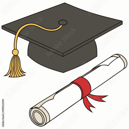 Square academic cap, black graduation hat or mortarboard with golden tassel, for graduates of college, school, university, and rolled diploma with red ribbon. 3d realistic isolated vector illustration