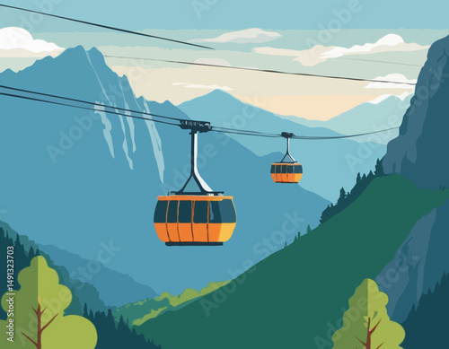 Cableway in mountains. People in cars, cabins of aerial cable lift, rope way on summer holiday. Tourists travel by cablecar of ropeway, looking nature landscapes, panorama. Flat vector illustration st