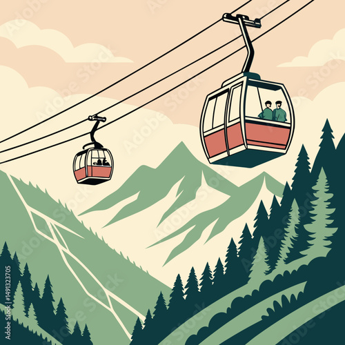 Cableway in mountains. People in cars, cabins of aerial cable lift, rope way on summer holiday. Tourists travel by cablecar of ropeway, looking nature landscapes, panorama. Flat vector illustration st