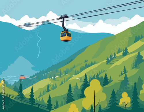 Cableway in mountains. People in cars, cabins of aerial cable lift, rope way on summer holiday. Tourists travel by cablecar of ropeway, looking nature landscapes, panorama. Flat vector illustration st