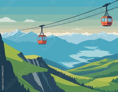Cableway in mountains. People in cars, cabins of aerial cable lift, rope way on summer holiday. Tourists travel by cablecar of ropeway, looking nature landscapes, panorama. Flat vector illustration st
