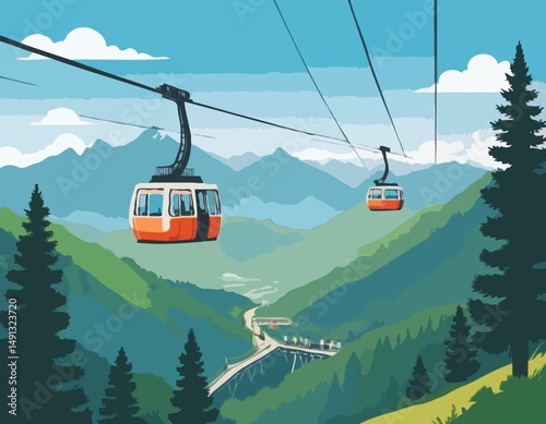 Cableway in mountains. People in cars, cabins of aerial cable lift, rope way on summer holiday. Tourists travel by cablecar of ropeway, looking nature landscapes, panorama. Flat vector illustration st