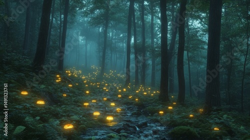 Mystical forest path illuminated by glowing lanterns. photo