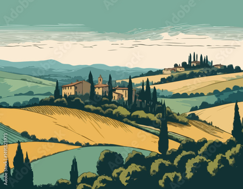 Countryside scenery in Tuscany, Italy. Handmade drawing vector illustration. Vintage style. Engraved old sketch style colorful vector.