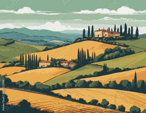 Countryside scenery in Tuscany, Italy. Handmade drawing vector illustration. Vintage style. Engraved old sketch style colorful vector.