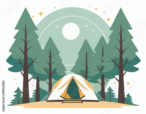 High-quality vector icon of a cozy camping setup with a tent under two symmetrical trees, designed with golden ratio proportions. White background for easy transparency use.