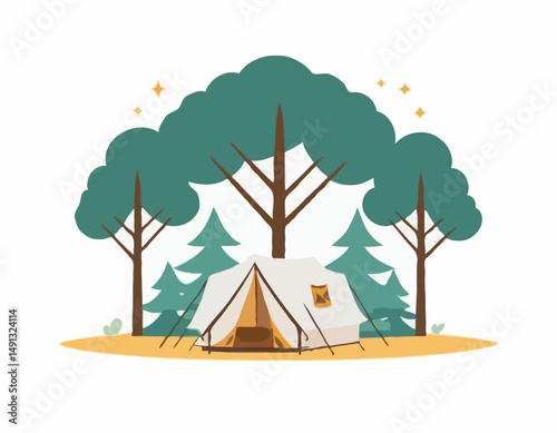 High-quality vector icon of a cozy camping setup with a tent under two symmetrical trees, designed with golden ratio proportions. White background for easy transparency use.