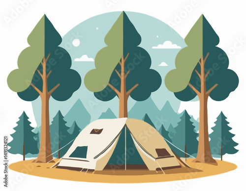 High-quality vector icon of a cozy camping setup with a tent under two symmetrical trees, designed with golden ratio proportions. White background for easy transparency use.