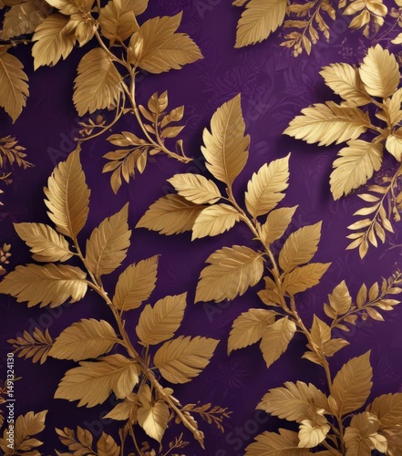 Elegant gold leaf accents on a rich purple floral wallpaper  , texture, leaf