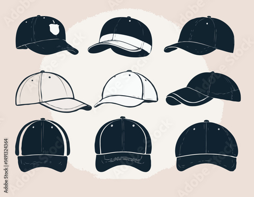 A collection of six stylish cap silhouettes showcasing different designs and angles, perfect for fashion and accessory illustrations